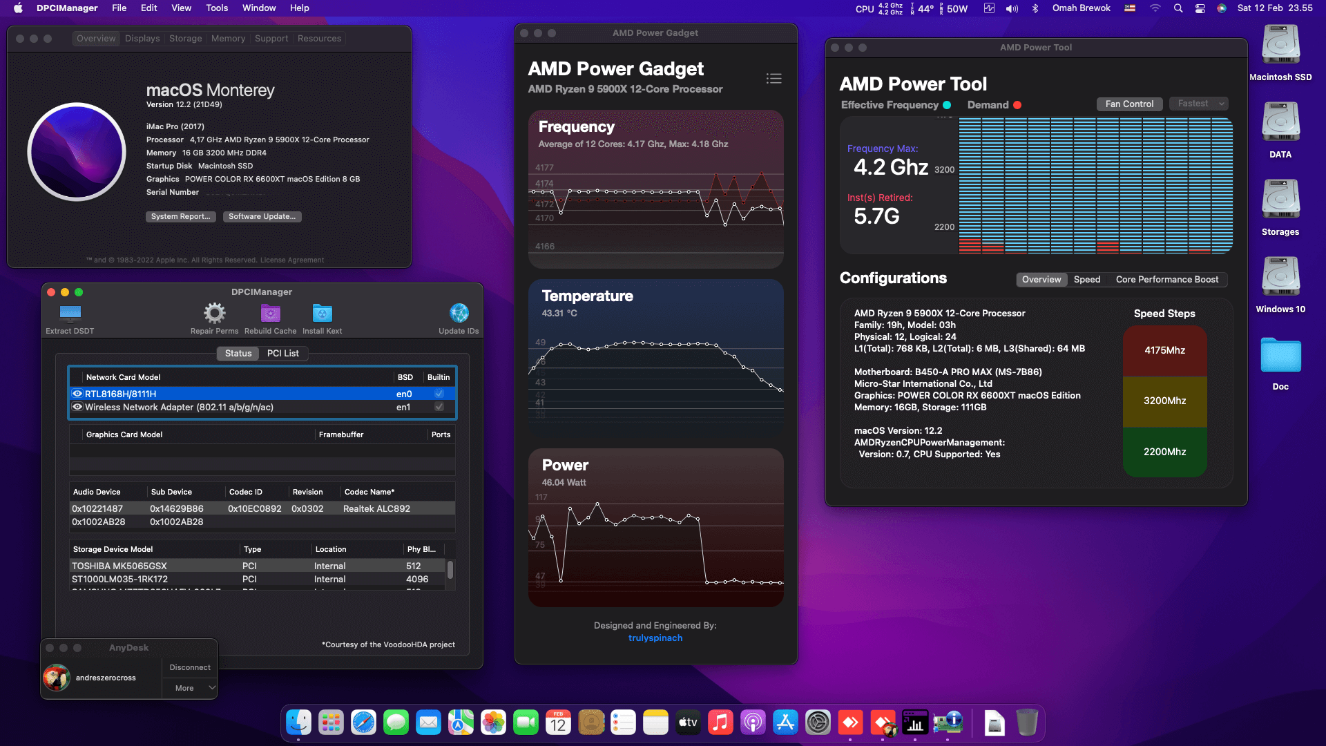 Success Hackintosh macOS Monterey 12.2 Build 21D49 in MSI B450-A PRO MAX + AMD Ryzen 9 5900X + Power Color RX 6600XT
